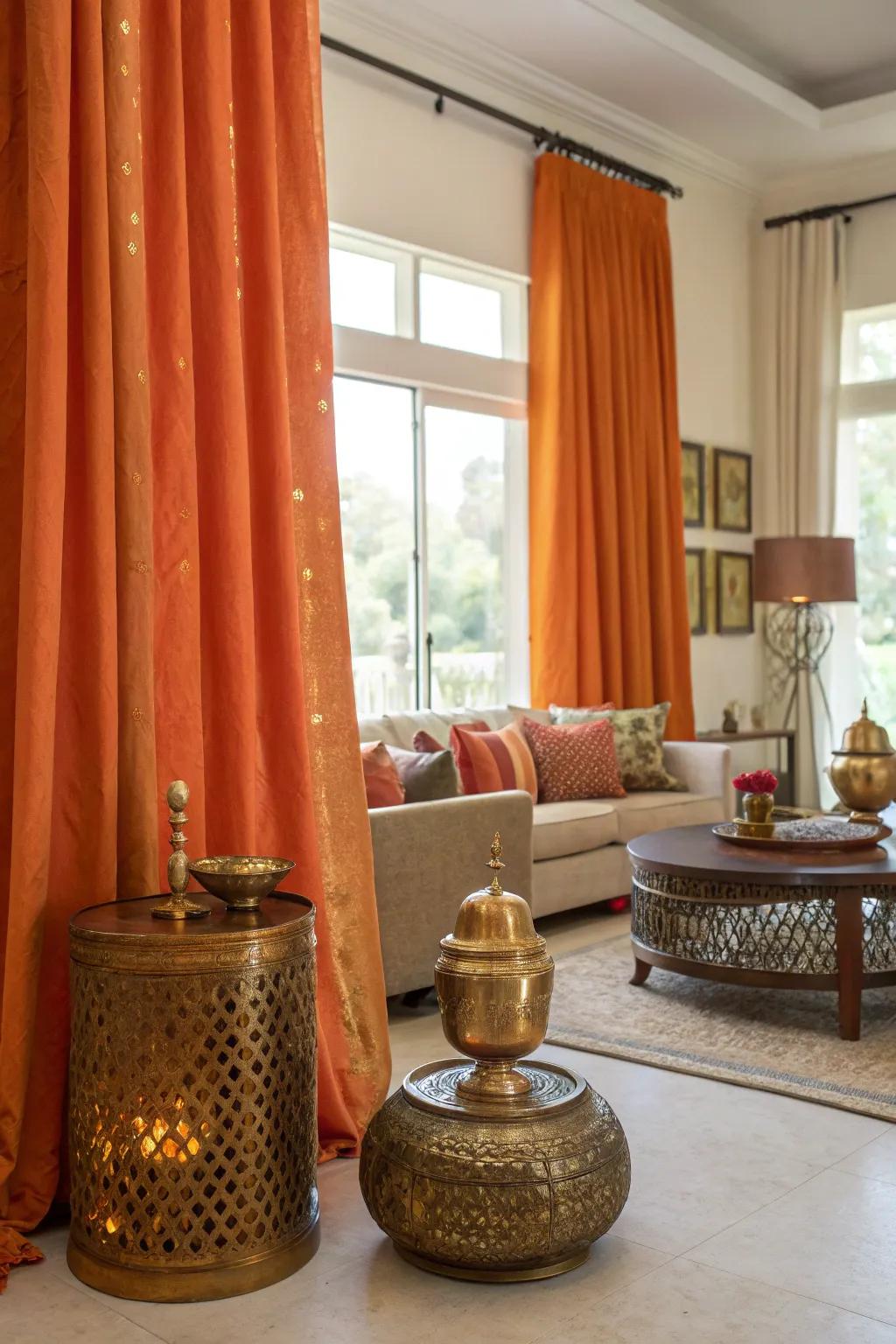Luxurious metallic accents complementing orange window coverings.