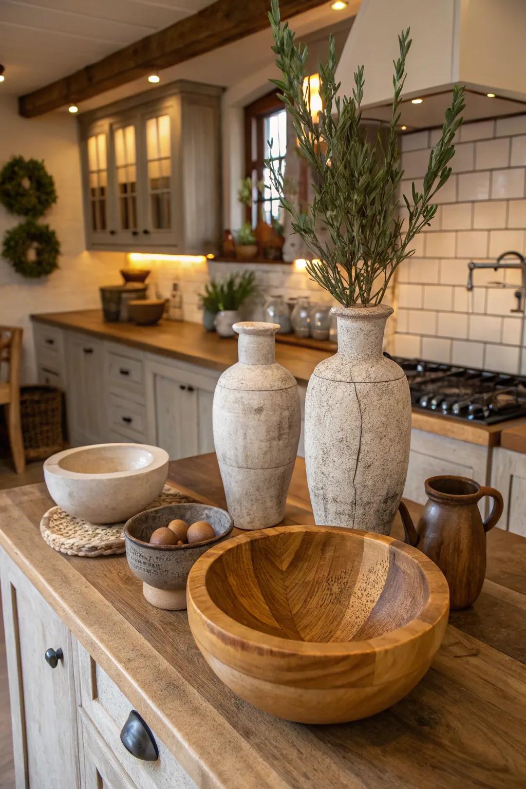 Unique decor enhances the kitchen's connection to nature.