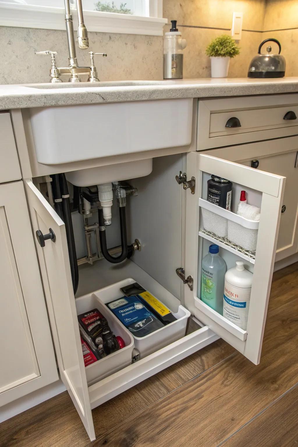 The cabinet is kept tidy and has less clutter with spaces that are hidden.