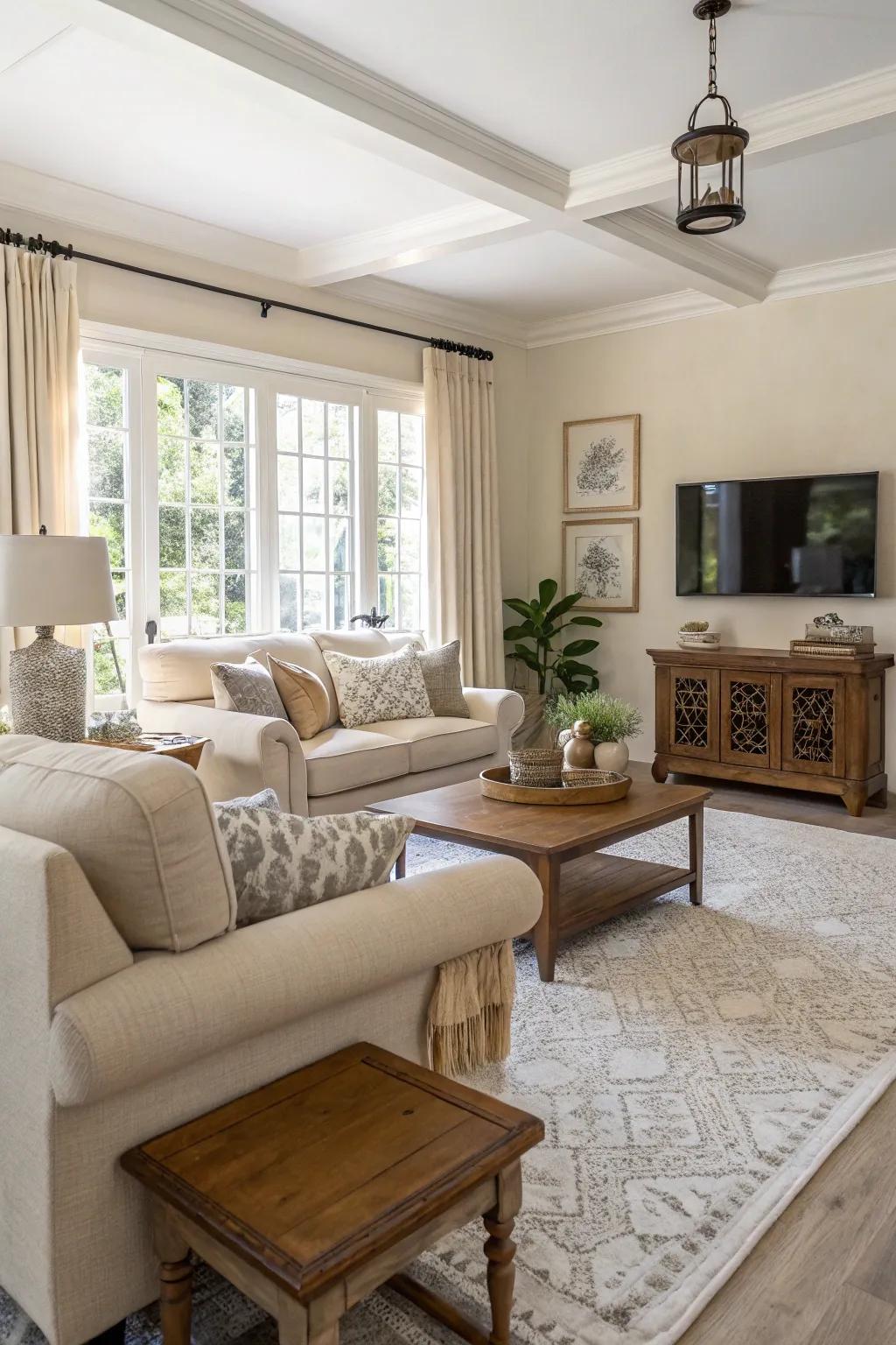 Exposed legs on furnishings enhance openness.