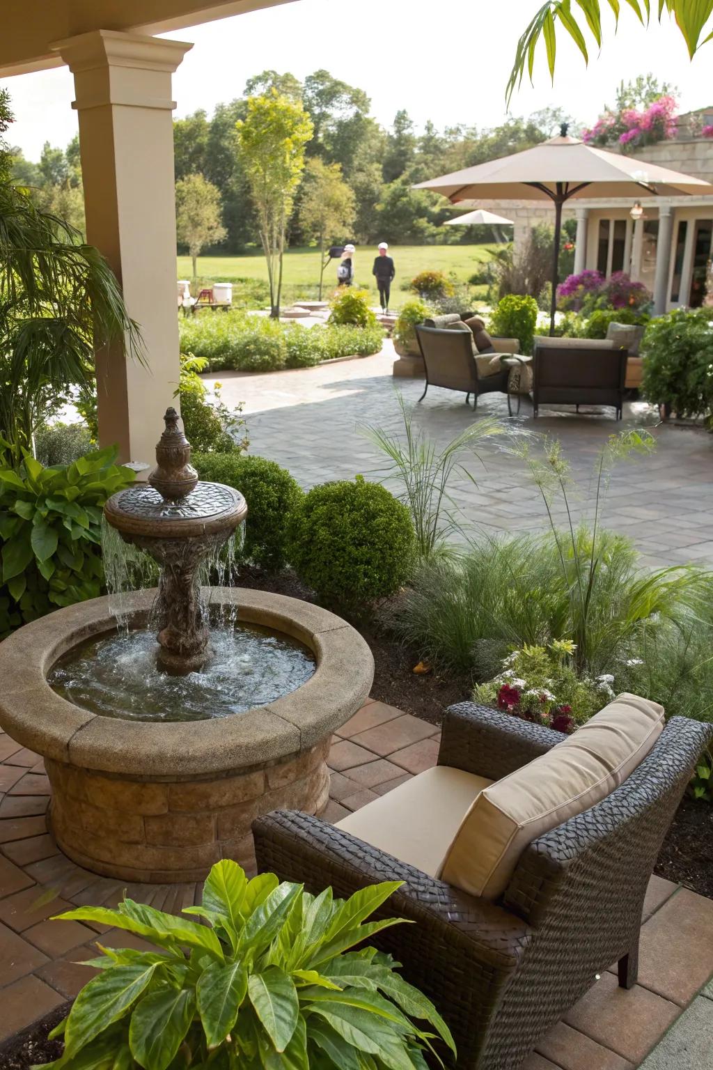 Water elements introduce tranquility and appeal to patios.