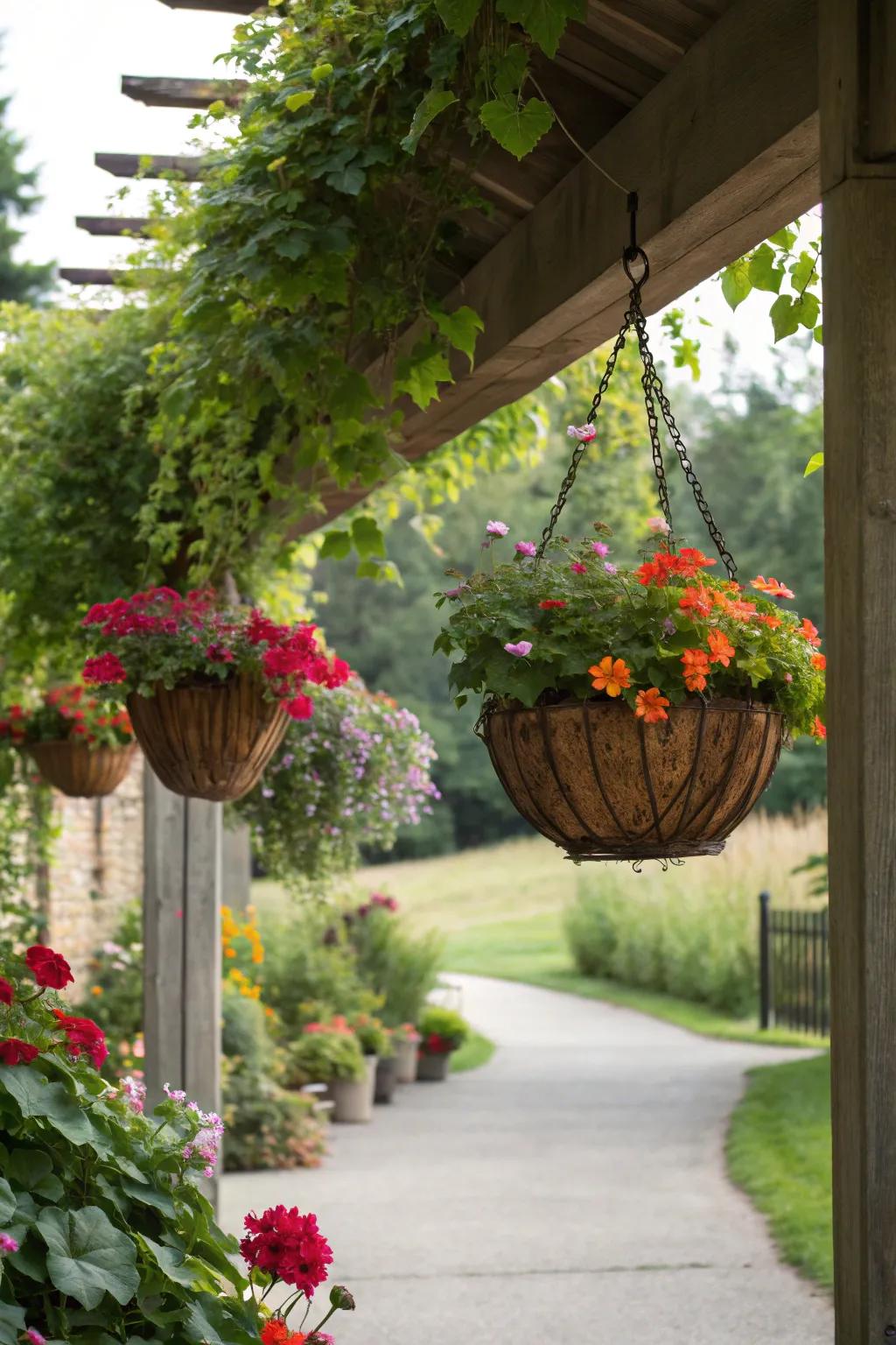Suspended containers overflowing using vibrant vines and flowers.