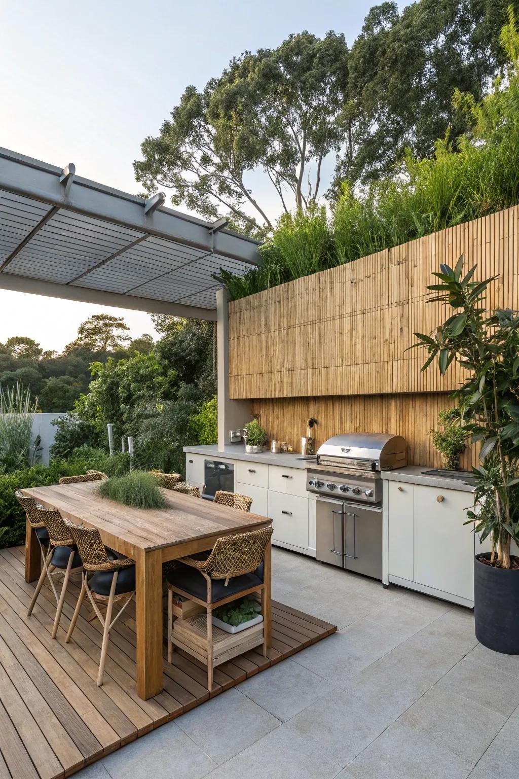 Bamboo panels provide a natural and eco-friendly touch to outdoor kitchens.