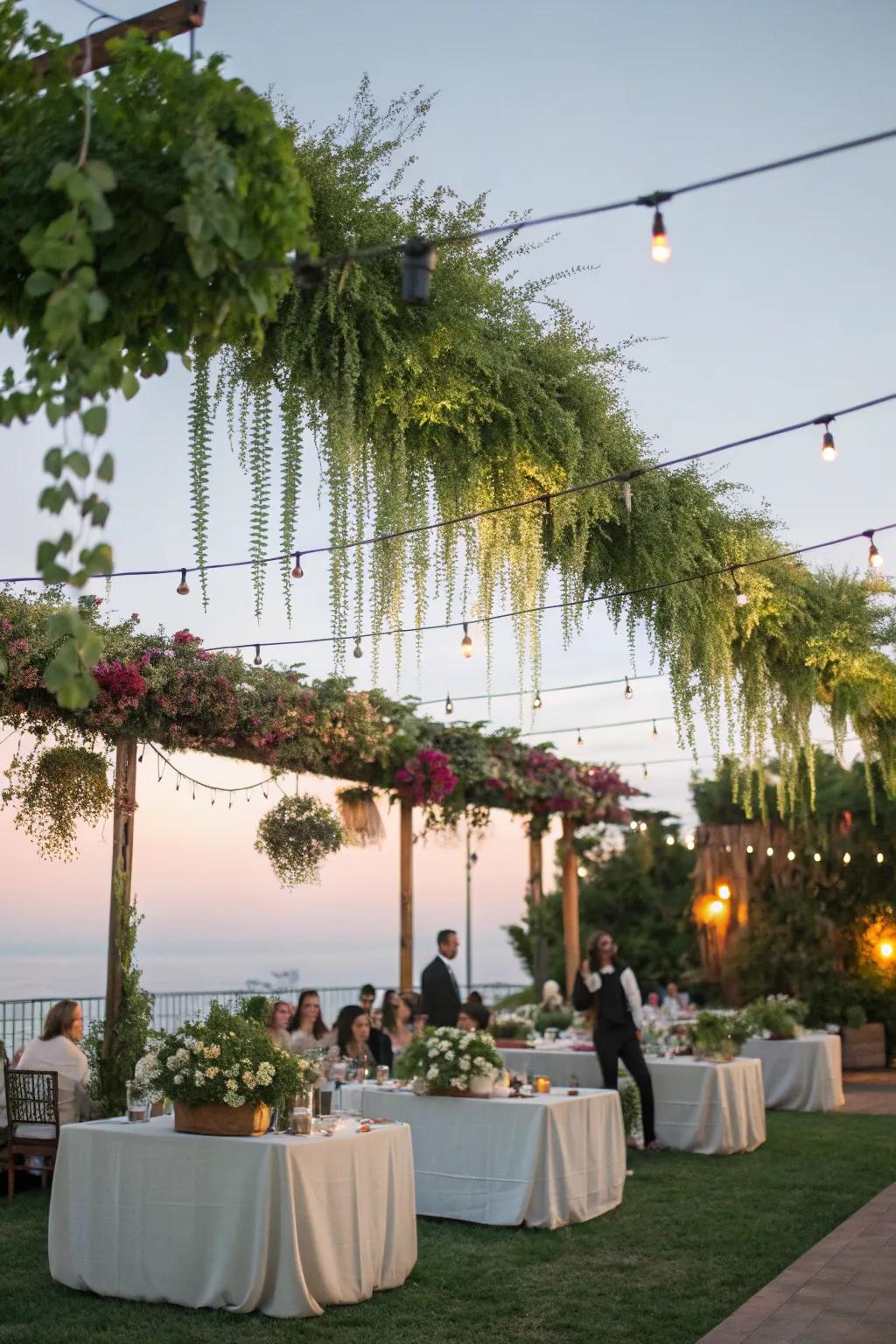 Suspended gardens conjure a lush and breathtaking atmosphere.