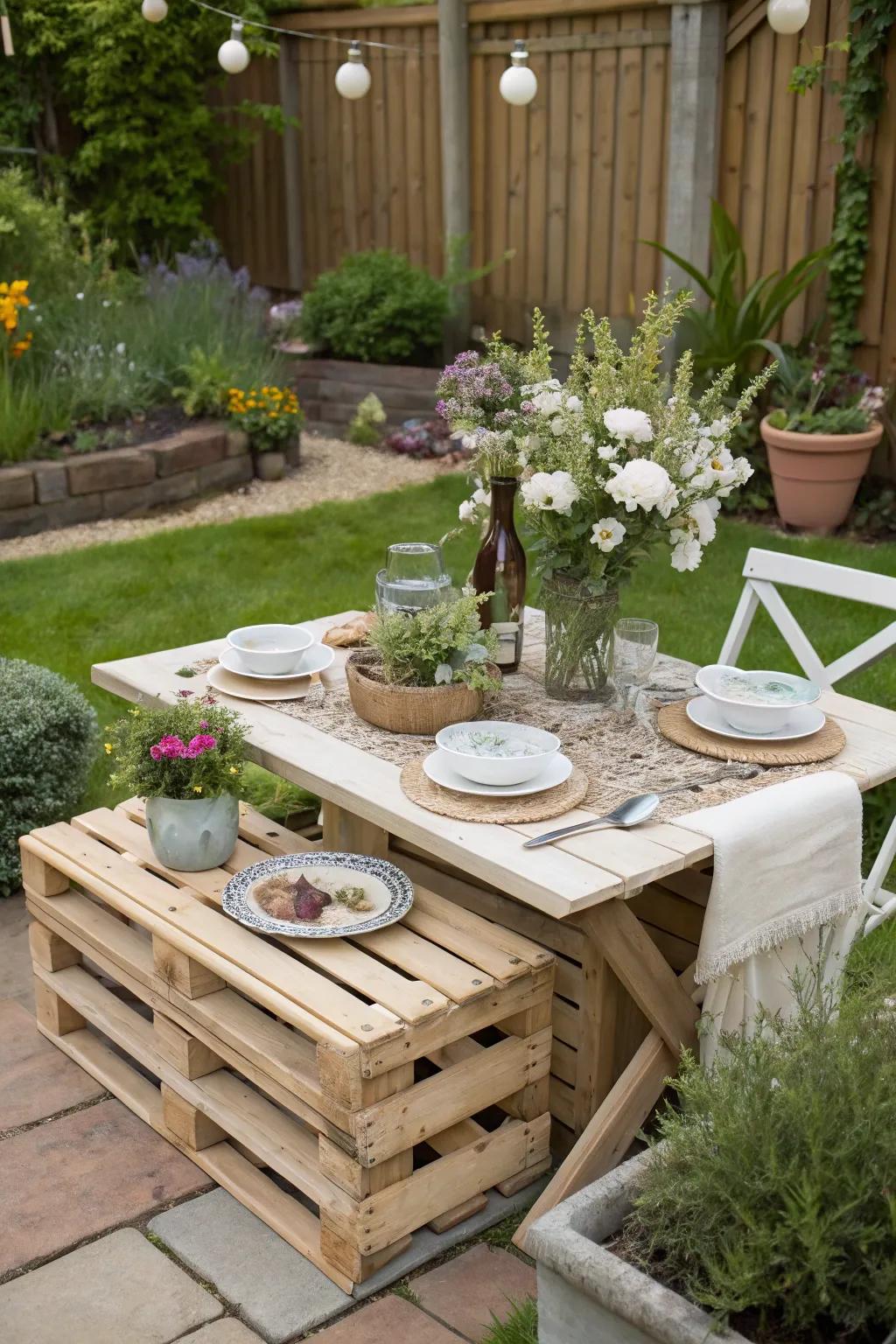 Upcycled pallet table tops combine eco-friendliness with chic design.