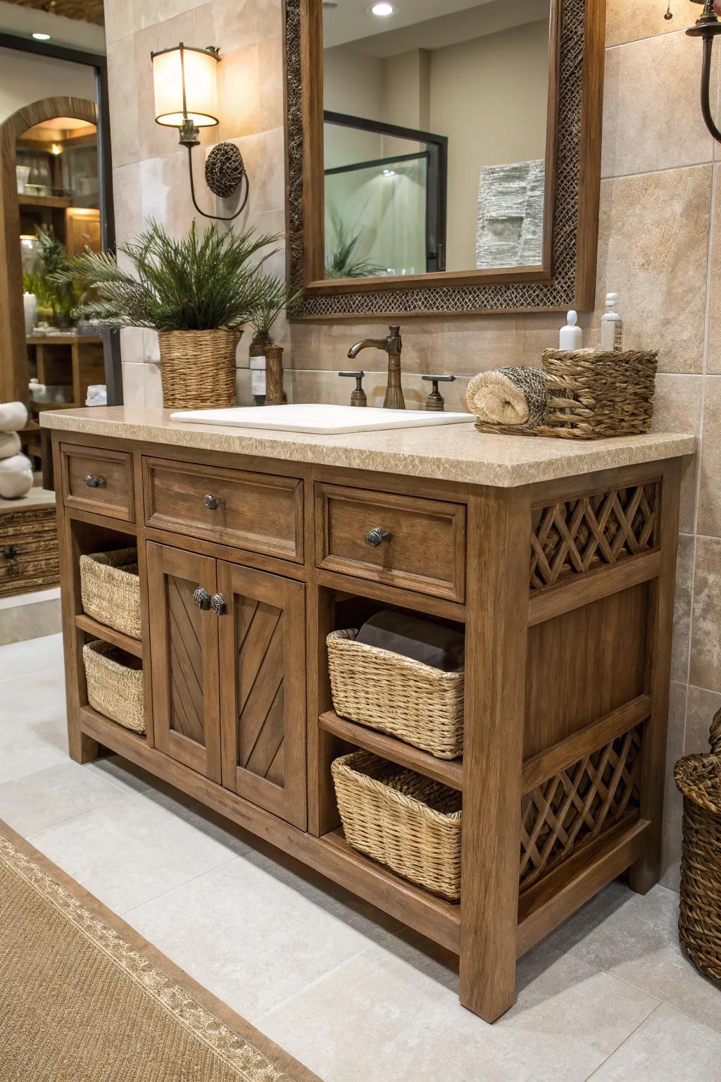 Umber vanities offer rustic refinement.