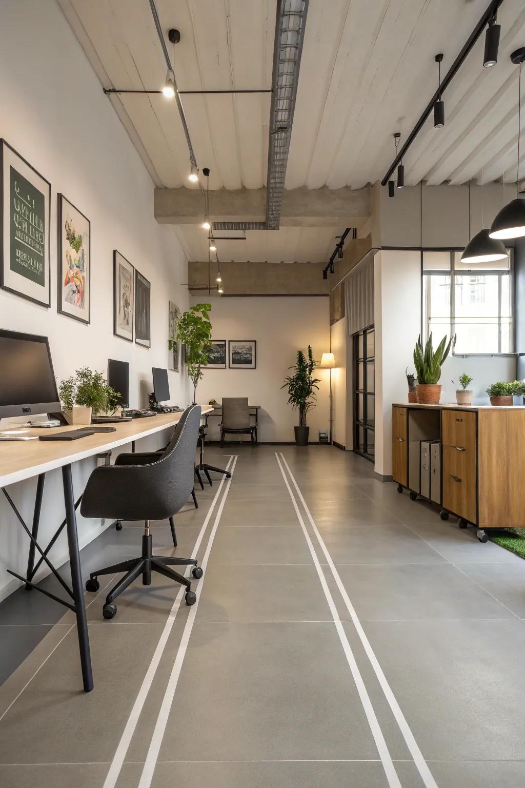 An office featuring simply designed painted floors, which makes a clean and focused place.