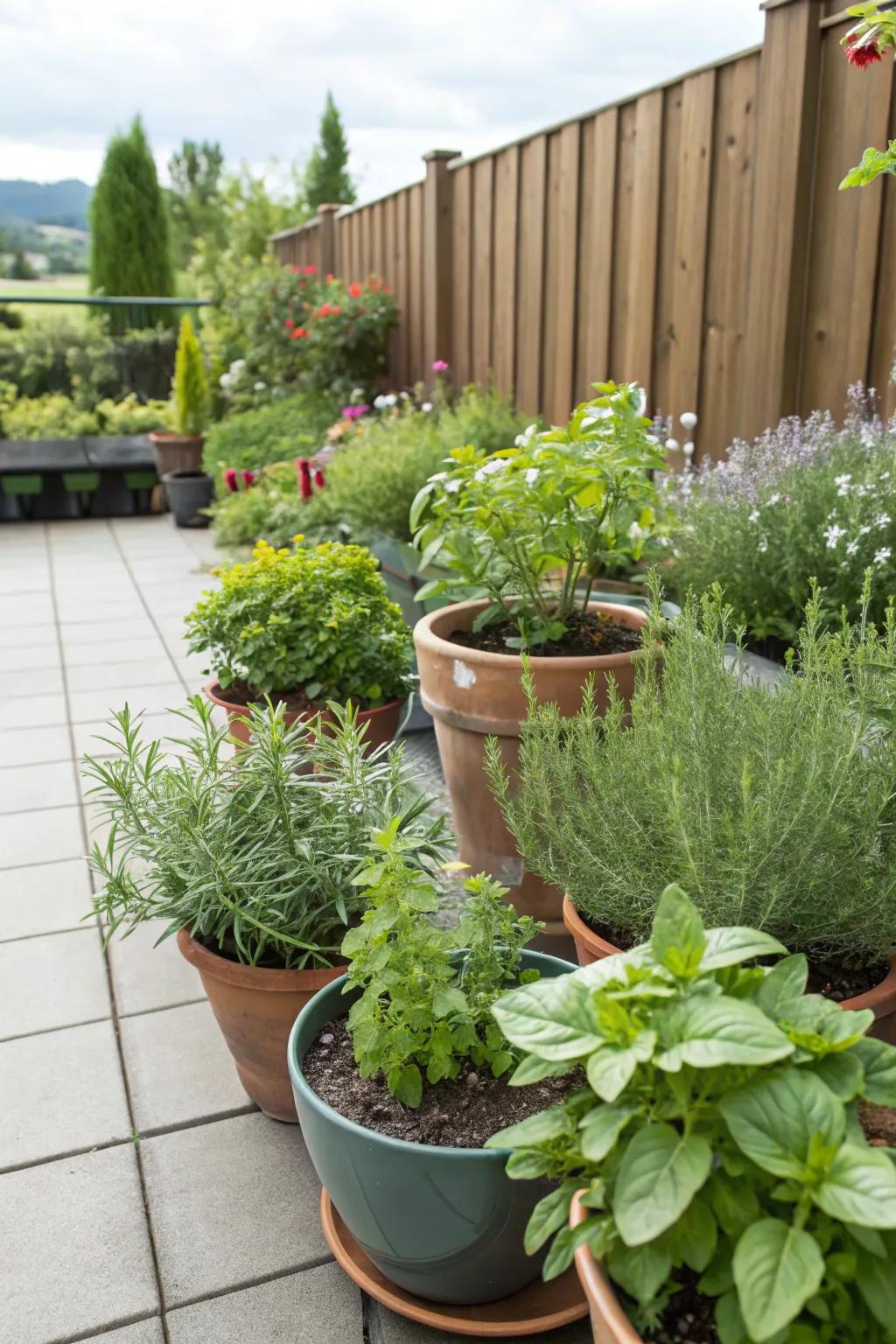 A vibrant herb garden contributing fragrance to a patio.