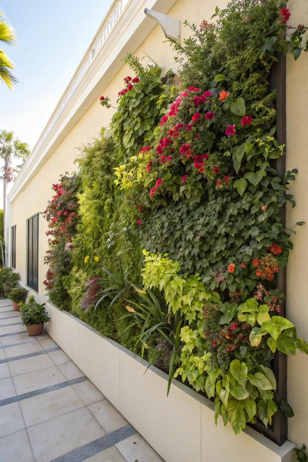 A vertical garden fashions a vibrant focal point.