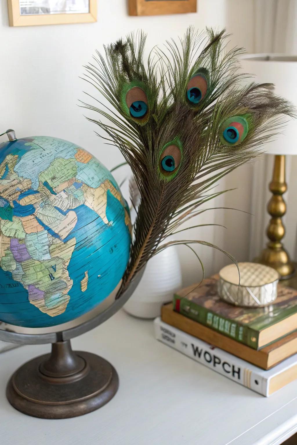A travel-themed centerpiece showcasing a globe and peacock plumes.