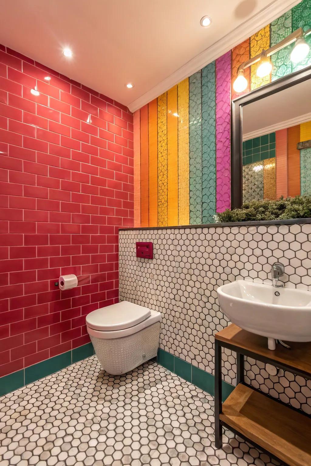 Vibrant and energizing bathroom with bold colors and penny tiles.