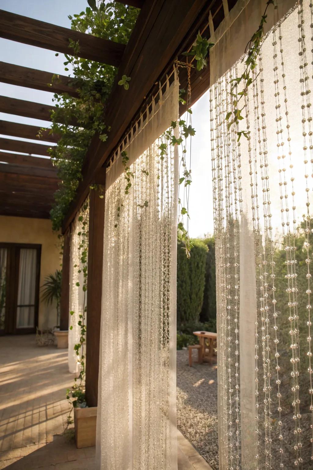 Beaded curtains add texture and a bohemian touch to your pergola.