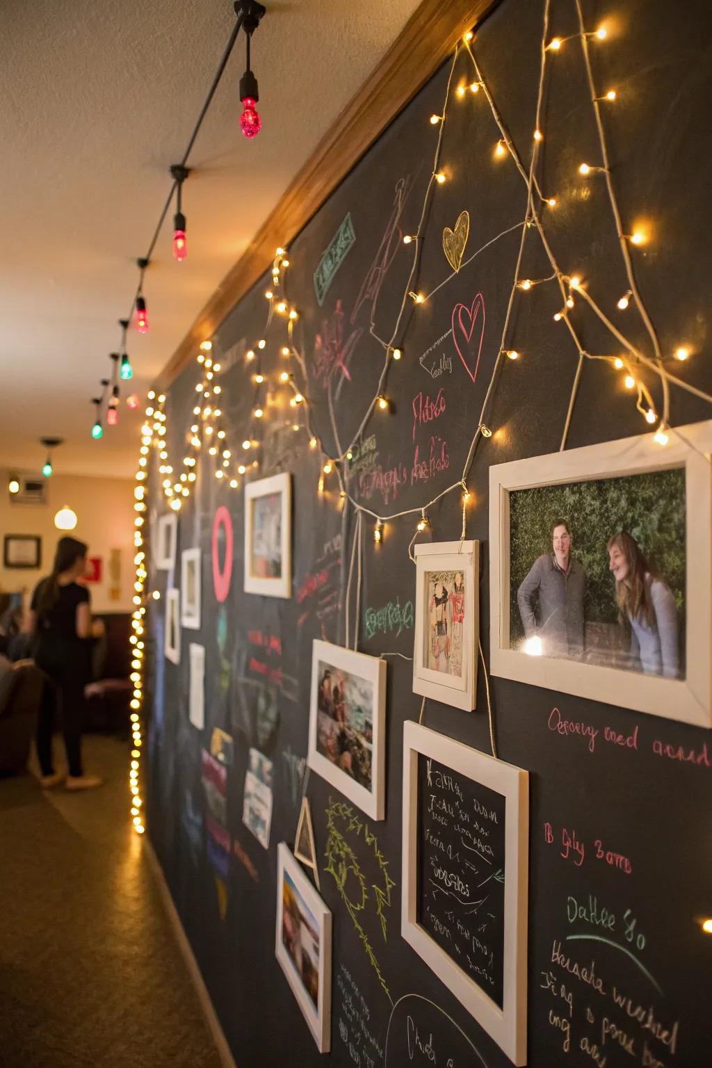 Chalkboard walls and luminosity fashion an interactive area.
