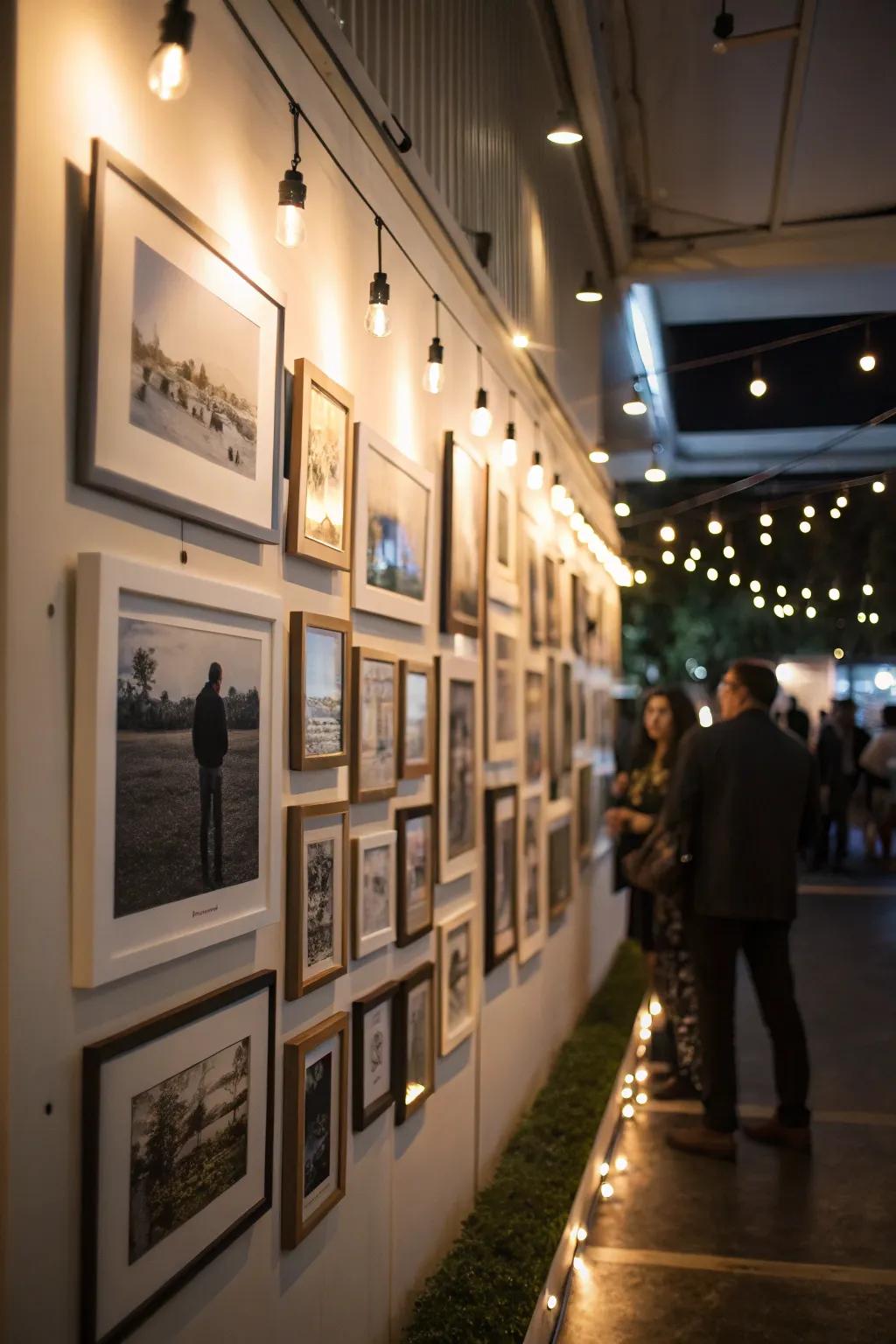 A picture wall enhanced with spotlight illumination.