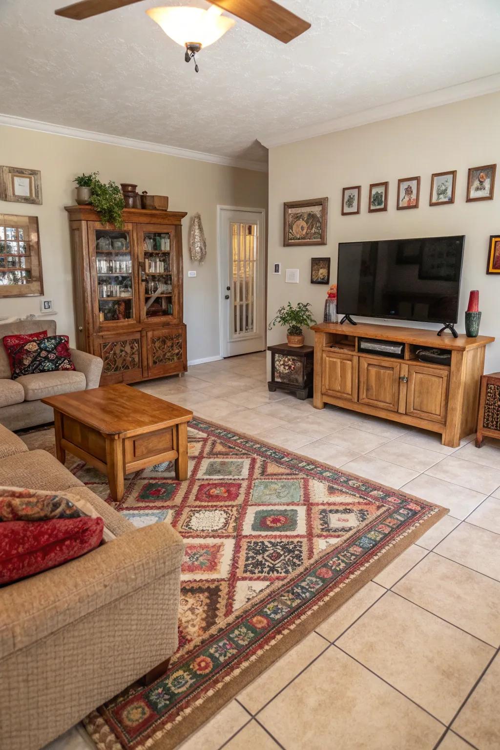 An assorted flooring mix introduces character to family rooms.
