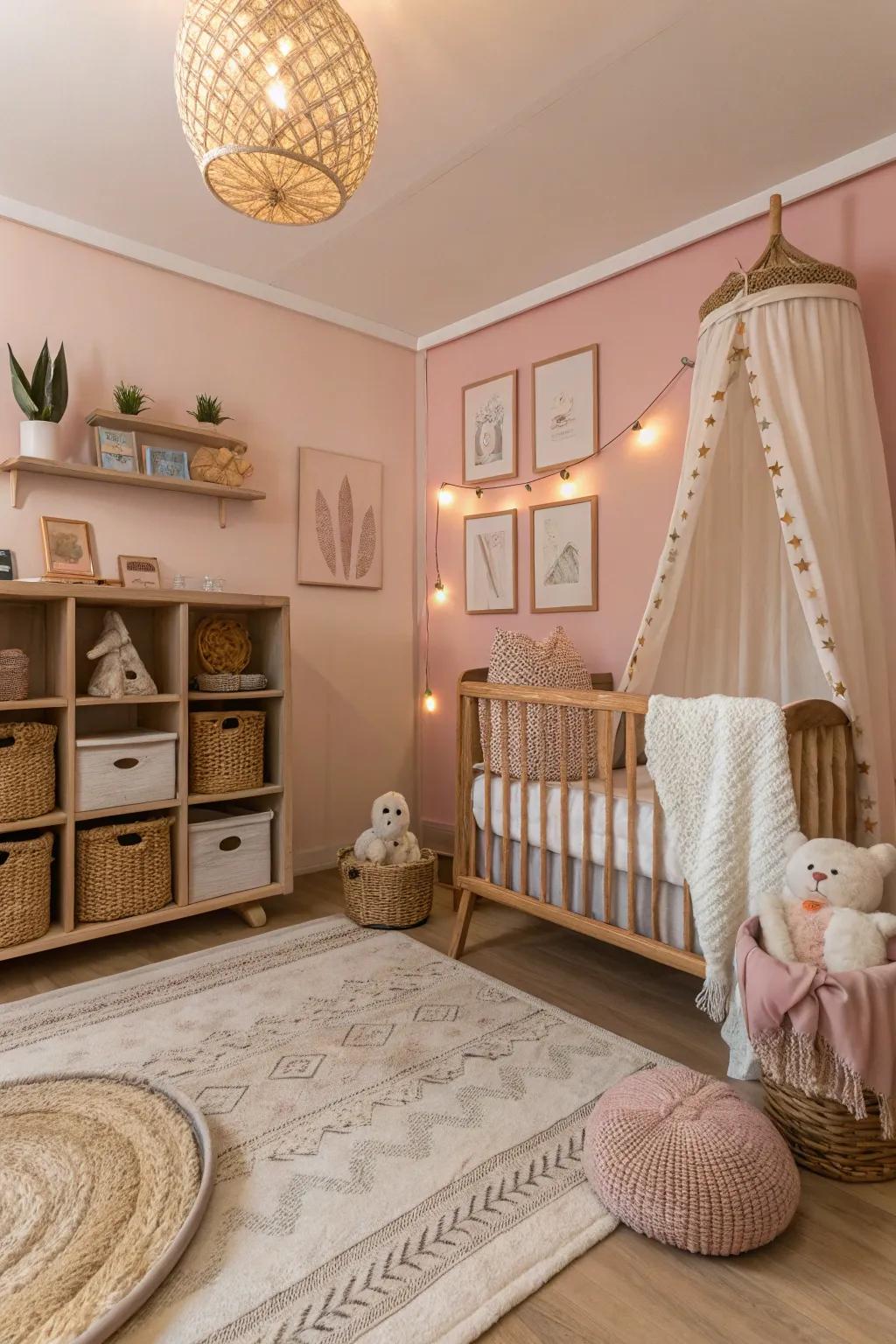 A nursery that blends pink with earthy tones for a nurturing feel.