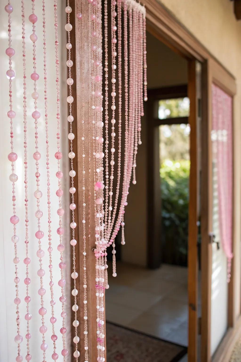 Step into a whimsical wonderland via this charming blush beaded curtain.