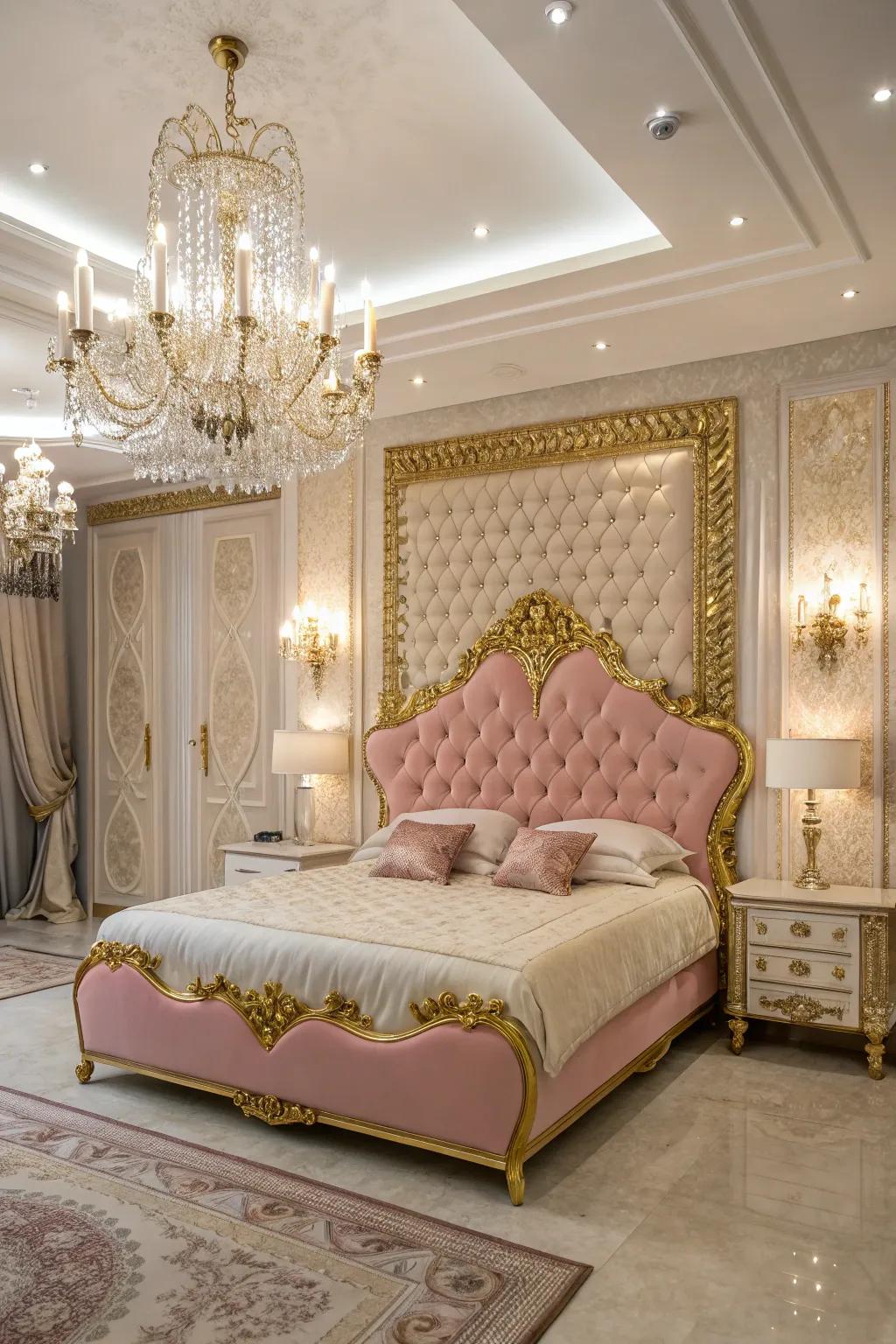 A glamorous and luxurious bedroom featuring a pink and gold headboard.