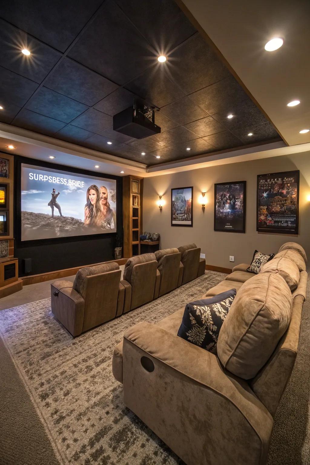 A home theater setup within the playroom for film fans.