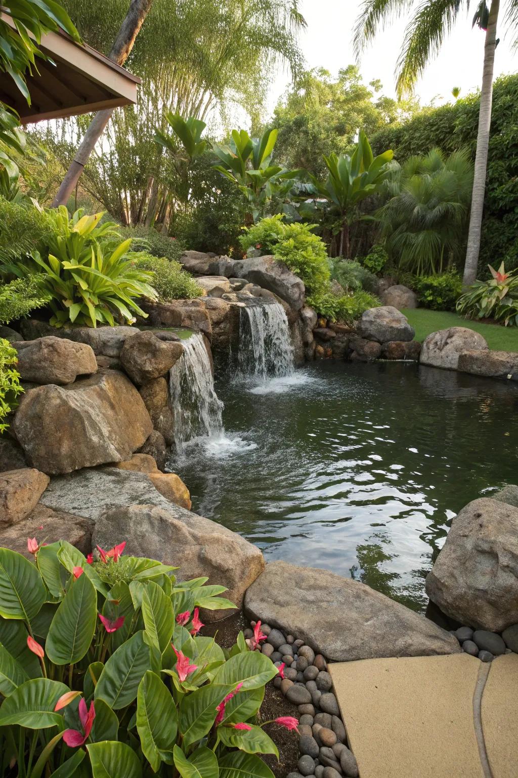 A backyard pond with a flowing waterfall for a tropical vibe.
