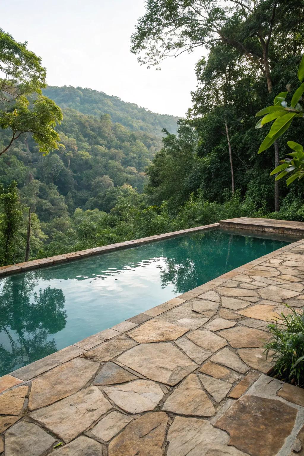 Quarry stone squares create a rustic and natural pool setting.