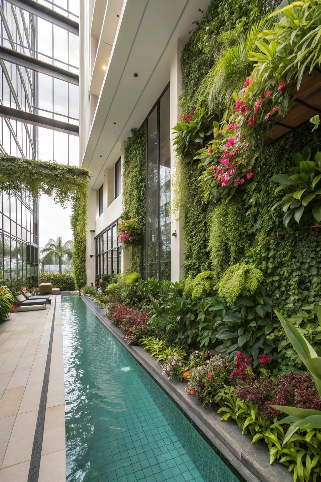 Hanging gardens infuse greenery without requiring ground area.