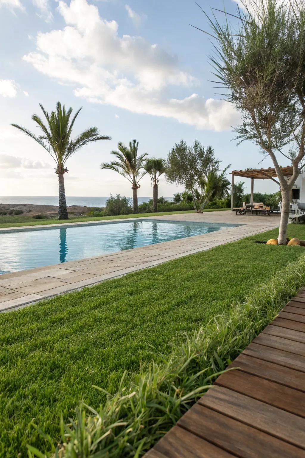 For your poolside area, lawn offers a soft, natural transition.