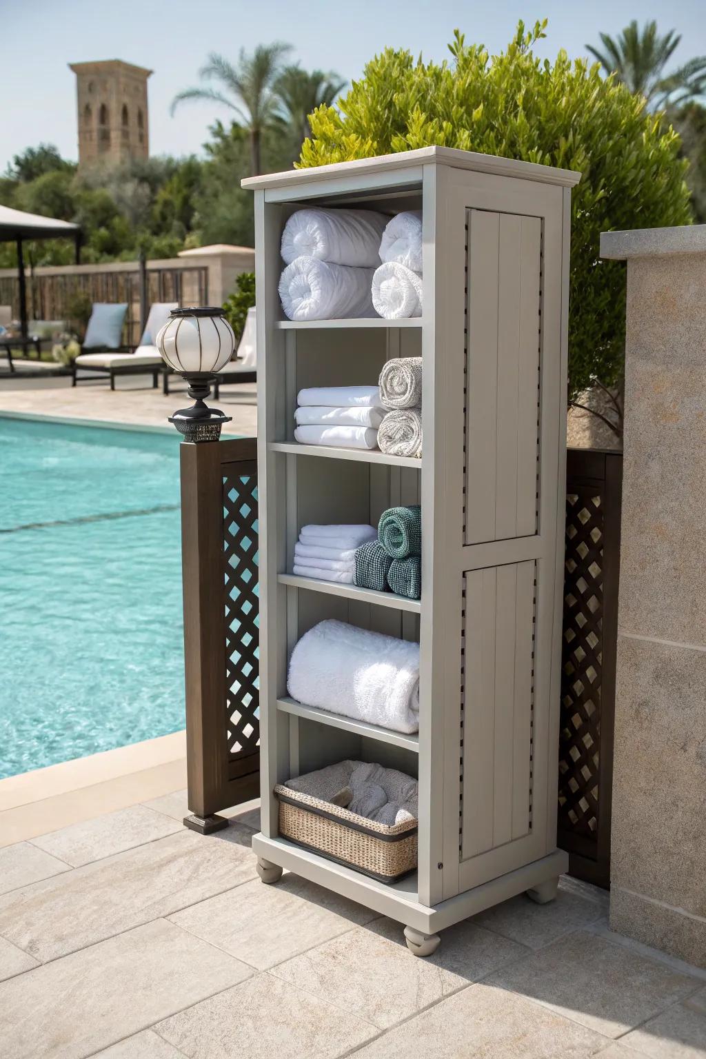 Efficient corner cabinet for stylish towel storage.