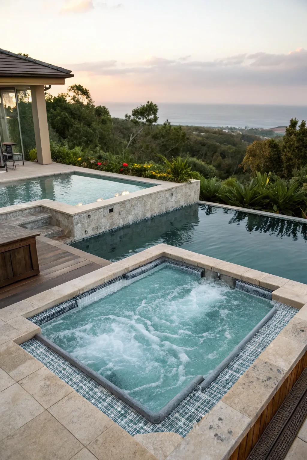 A dual-tier pool and spa present varied swimming and soaking ventures.