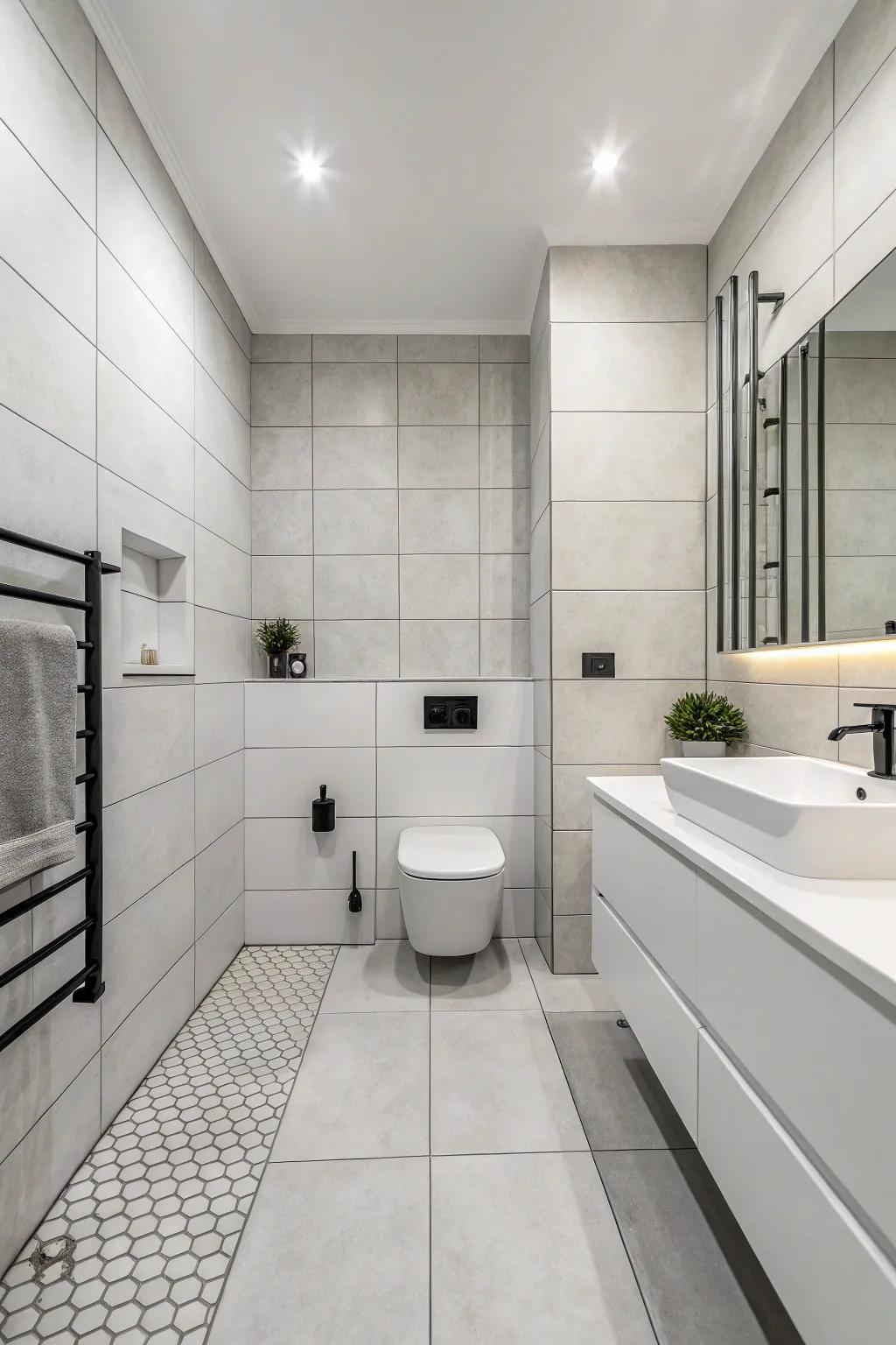 Monochrome tiles emphasize clean lines and simplicity in this sleek, modern bathroom.