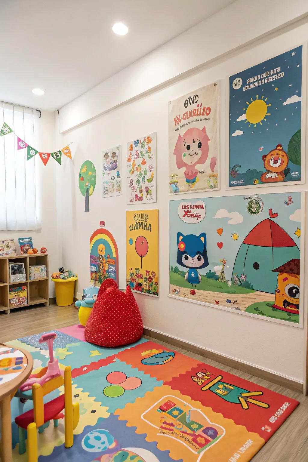 A playful room highlighted by whimsical and fun posters.