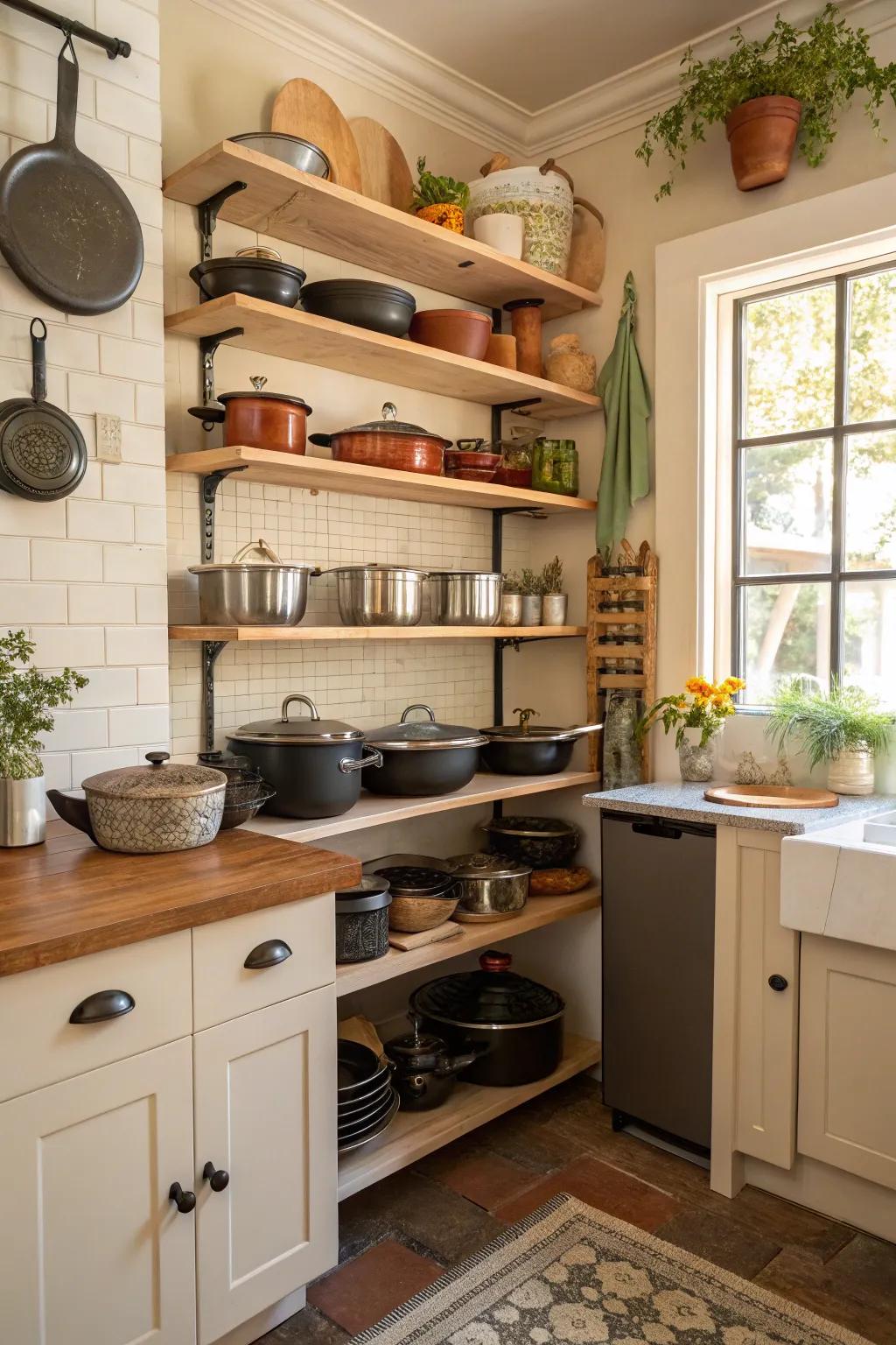 Open shelving beautifully showcases cookware while maintaining practicality.