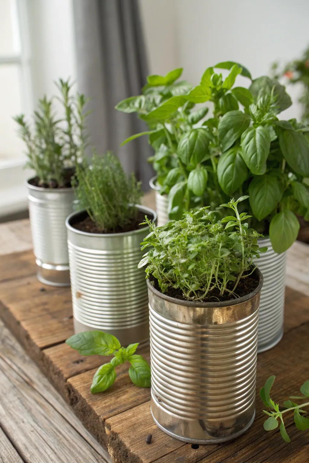 Recycled containers introduce both sustainability and style to botanical showcases.