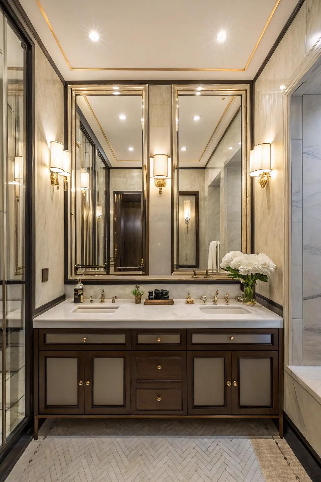 A half-bath employing mirrored surfaces to enhance space.