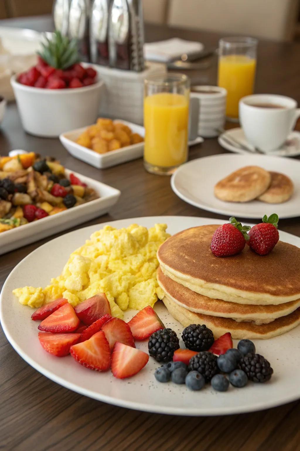 A dining table arranged with breakfast foods, offering pancakes, eggs, and fresh fruits.