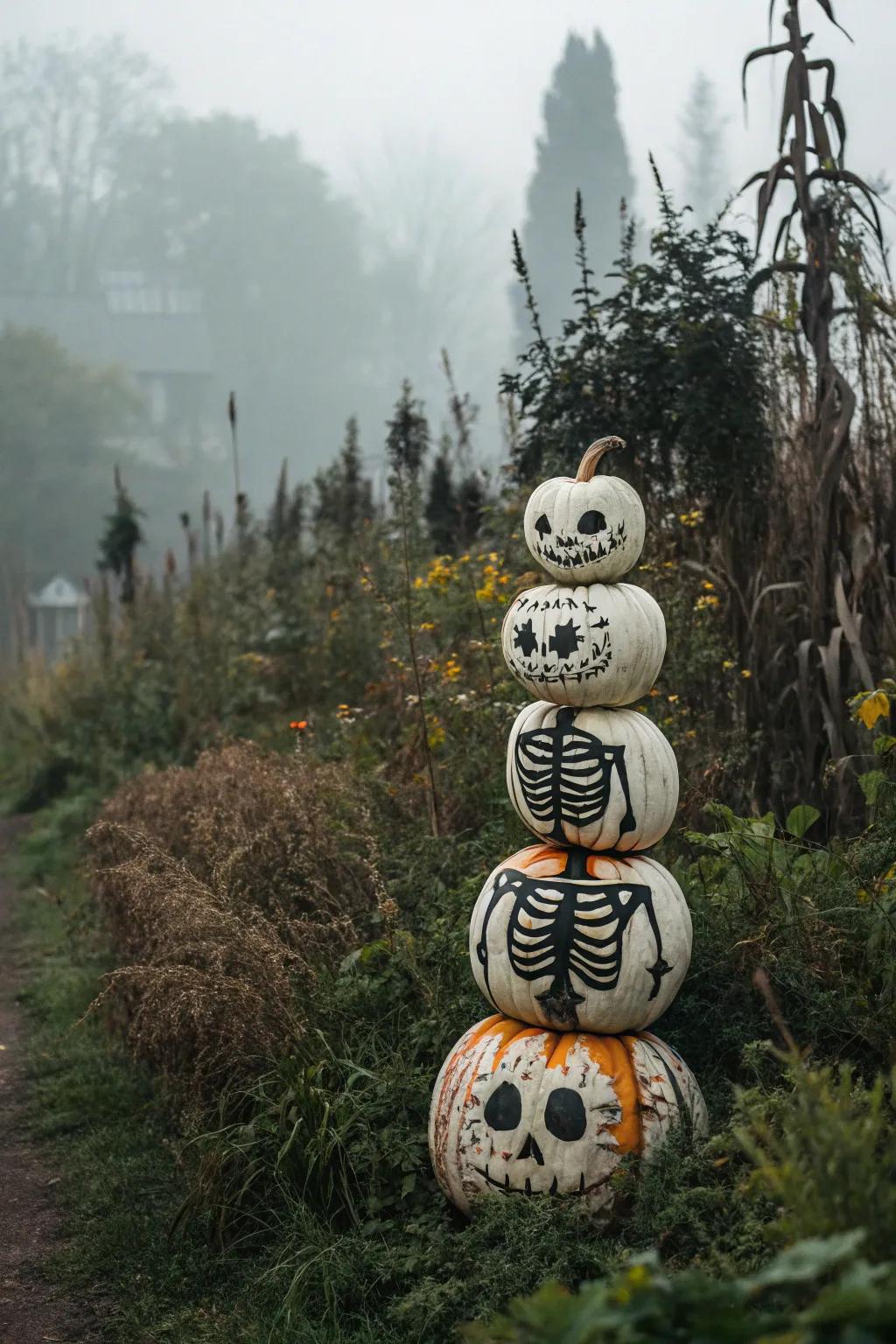 A stacked skeleton pumpkin provides a hauntingly fun display.