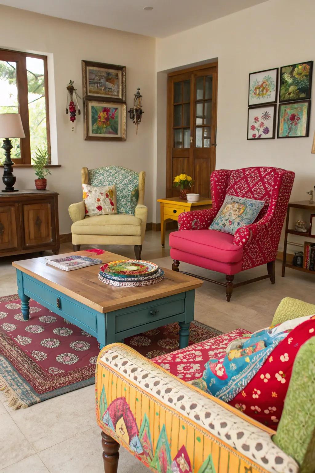 Upcycled furniture with unusual paint jobs.