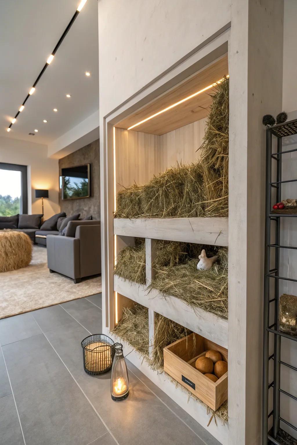 A wall cutout offers elegant and discreet hay stash.