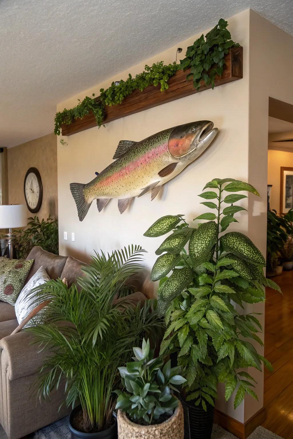 Including plants with a rainbow trout creates a fresh and natural look.