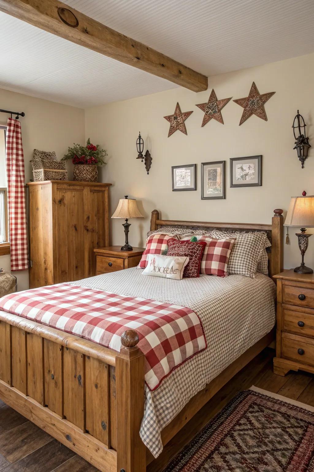A countryside bedroom showcasing checkered bed linens and design elements.