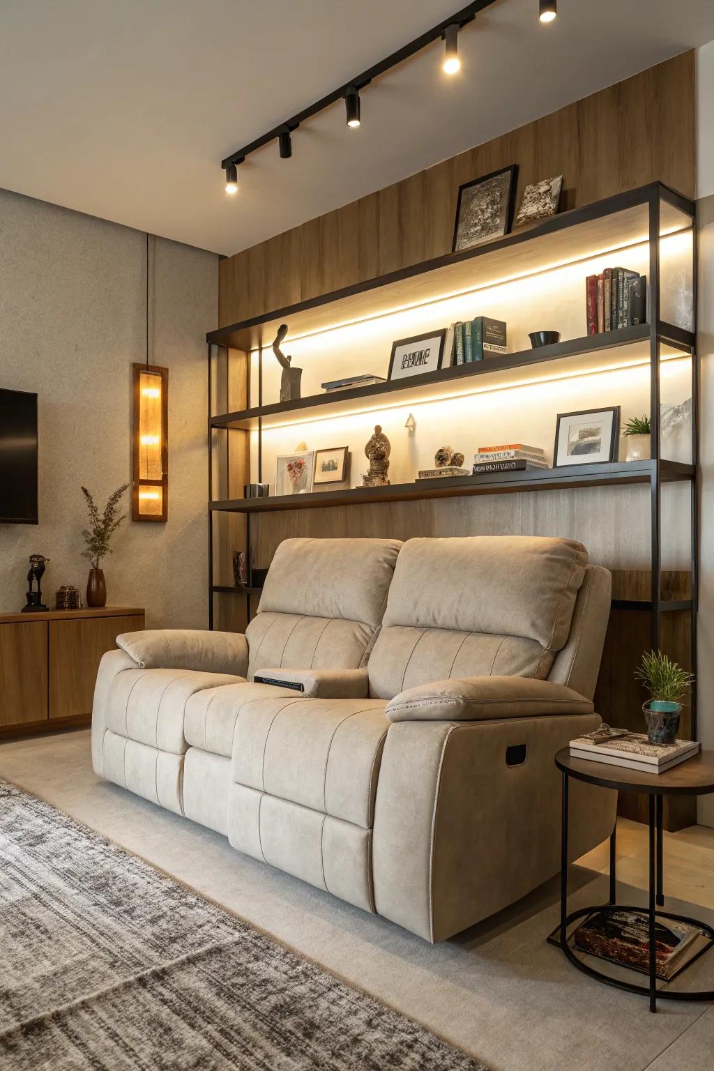 A functional living space with wall-mounted shelves complementing the reclining sofa.