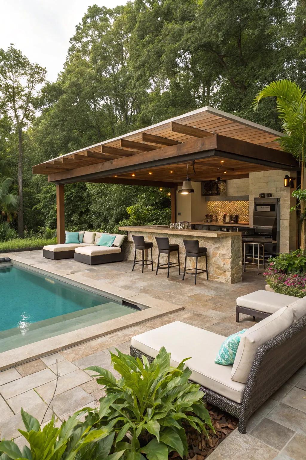 A poolside lounge proffers a resort-reminiscent venture.
