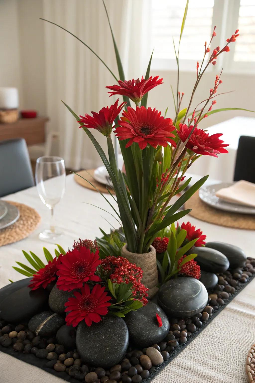 A natural centerpiece showcasing obsidian stones and scarlet flowers for organic elegance.