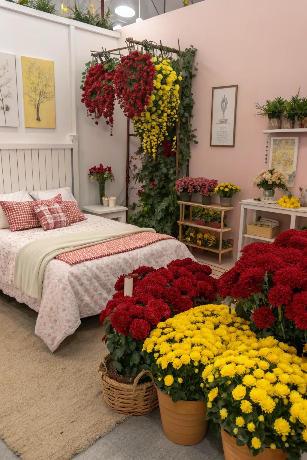 Red and yellow flower displays integrate a hint of nature and vibrancy to this bedroom.