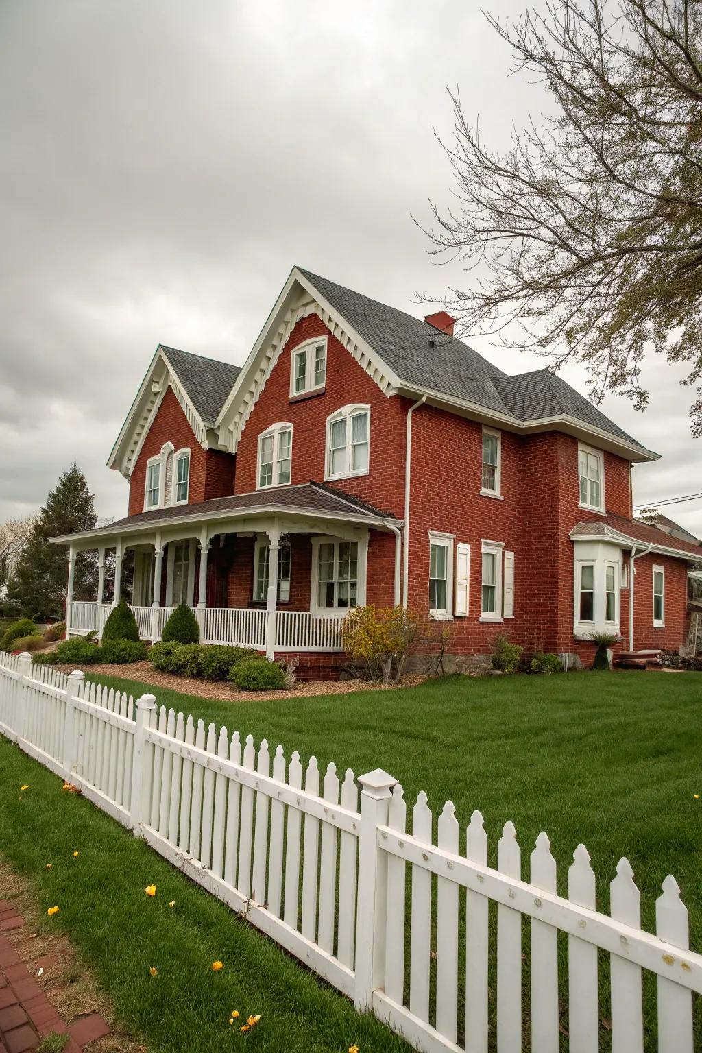 Offwhite trim delivers a gentle and neutral contrast to the warmth of red brick.