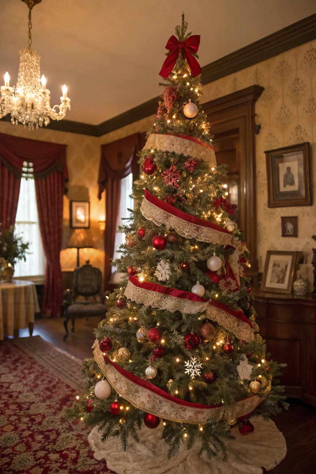 Victorian Christmas tree with red and cream accents