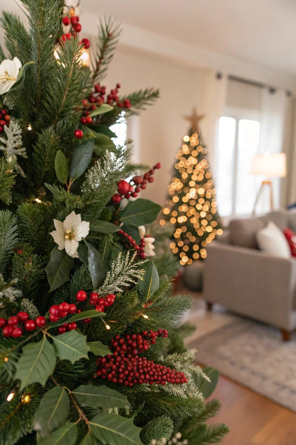 Seasonal blooms enhance the tree's natural beauty.