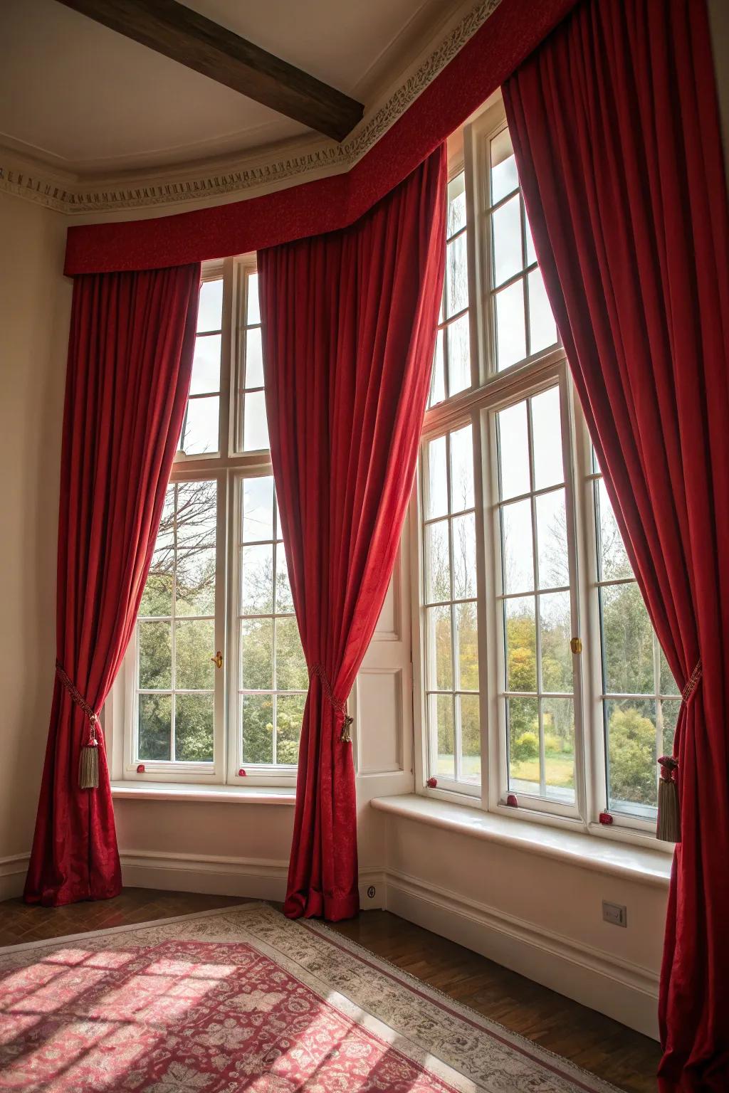 Crimson window coverings introduce a touch of elegance and drama to this space.
