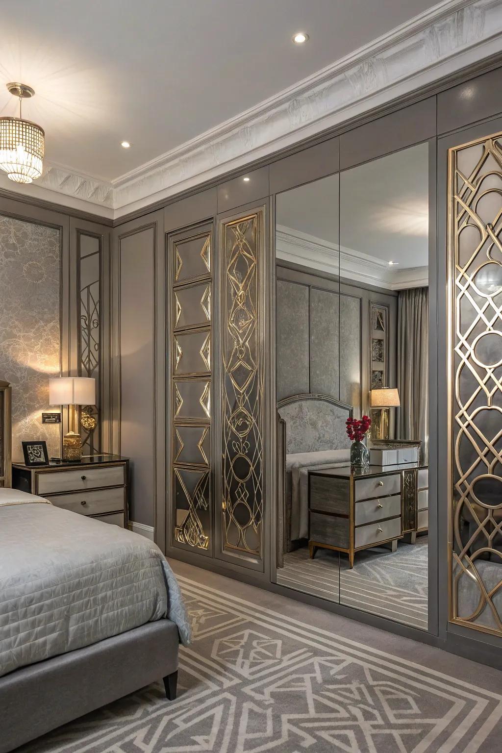 Art Deco aspects contribute a dash of glamour to a serenity shade bedroom.