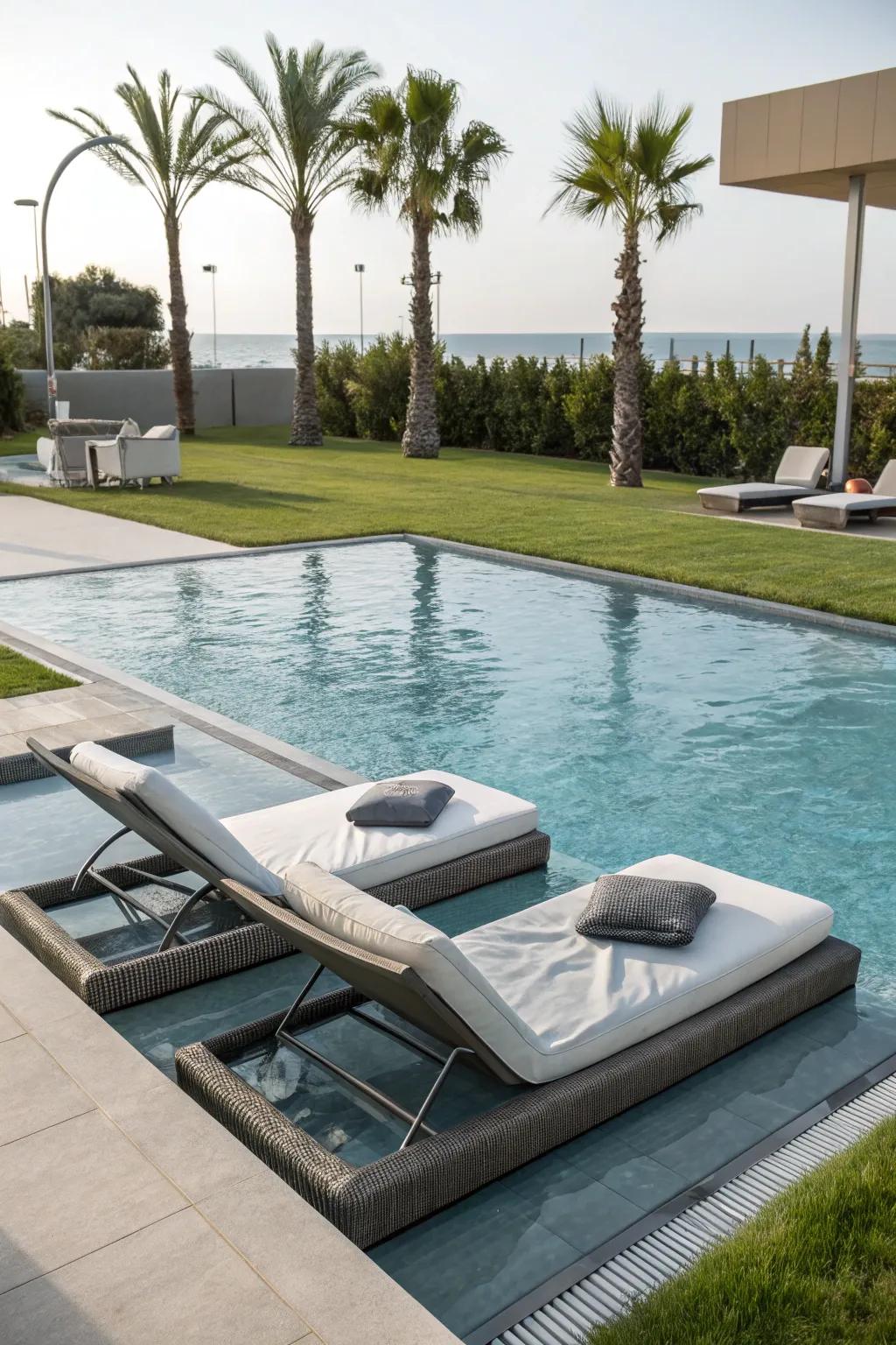 Floating loungers provide the perfect spot for relaxation on the water.